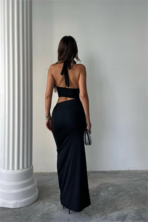 Dipmoda kadın göğüs halka detaylı halter yaka maxi elbise DPDF159