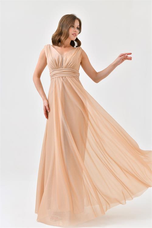 Dipmoda kadın gold v yaka simli tül abiye elbise NBS9223 