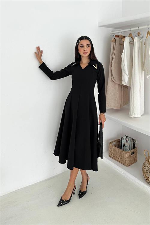 Dipmoda kadın gold yaka detaylı midi boy uzun kollu elbise DPK4360