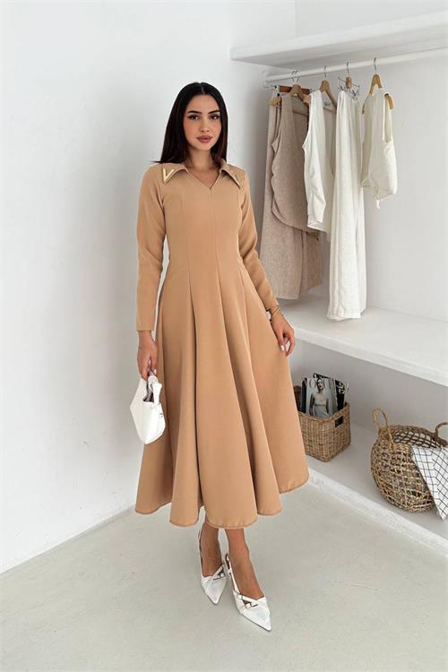 Dipmoda kadın gold yaka detaylı midi boy uzun kollu elbise DPK4360