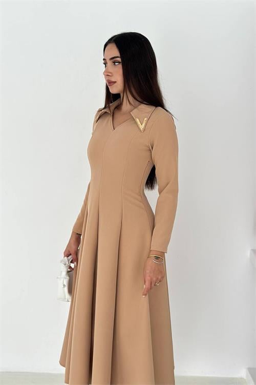 Dipmoda kadın gold yaka detaylı midi boy uzun kollu elbise DPK4360