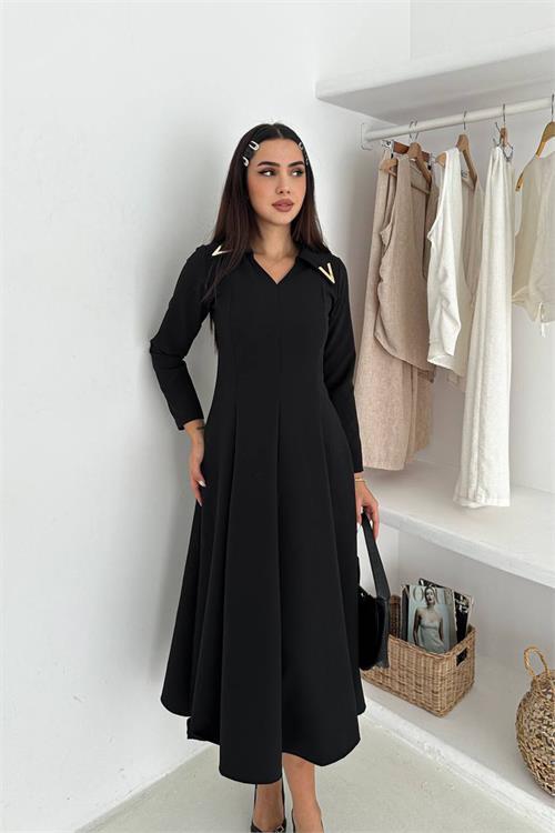 Dipmoda kadın gold yaka detaylı midi boy uzun kollu elbise DPK4360