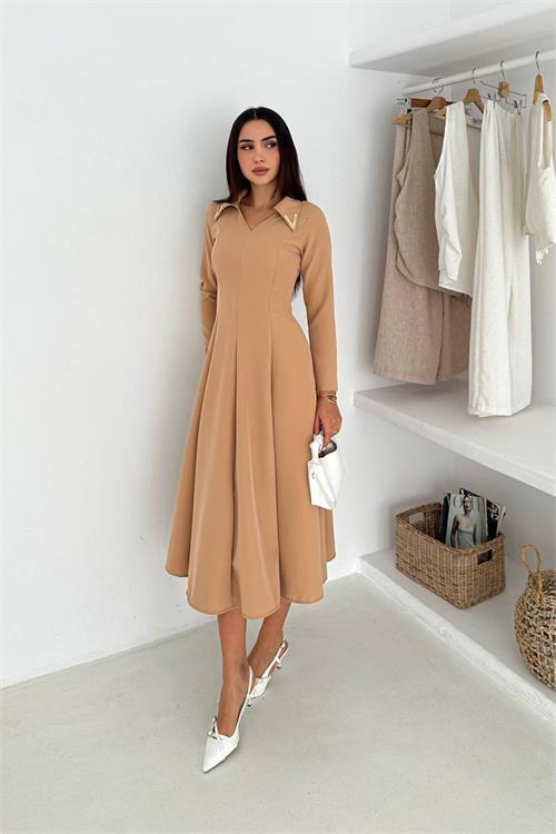 Dipmoda kadın gold yaka detaylı midi boy uzun kollu elbise DPK4360