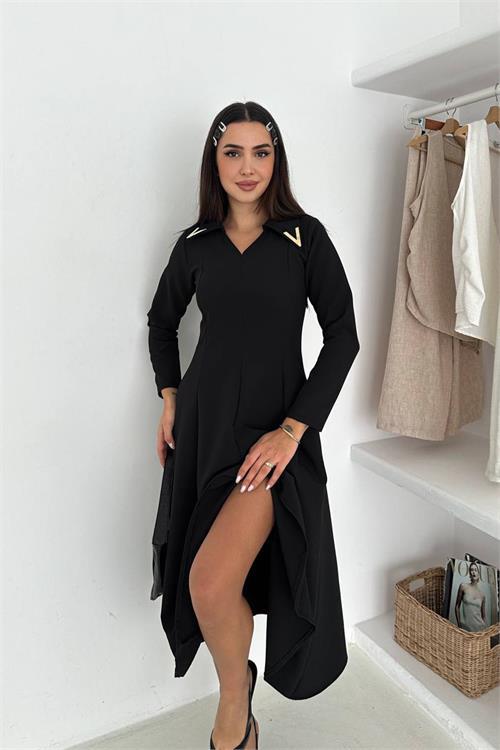 Dipmoda kadın gold yaka detaylı midi boy uzun kollu elbise DPK4360