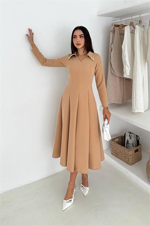Dipmoda kadın gold yaka detaylı midi boy uzun kollu elbise DPK4360