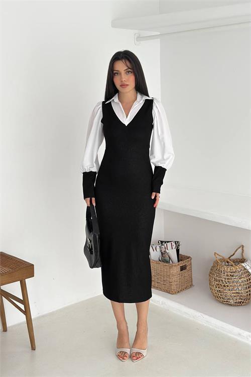 Dipmoda kadın gömlek yaka bilek detaylı midi elbise DPK4344