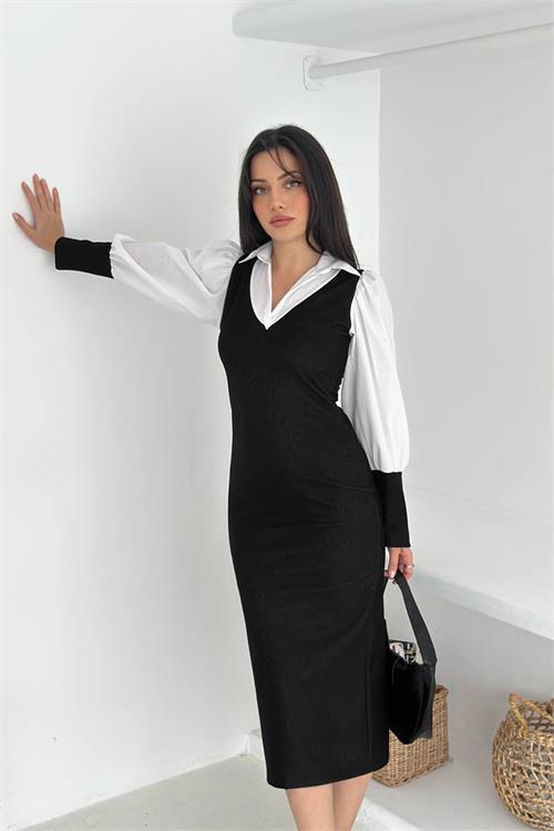 Dipmoda kadın gömlek yaka bilek detaylı midi elbise DPK4344