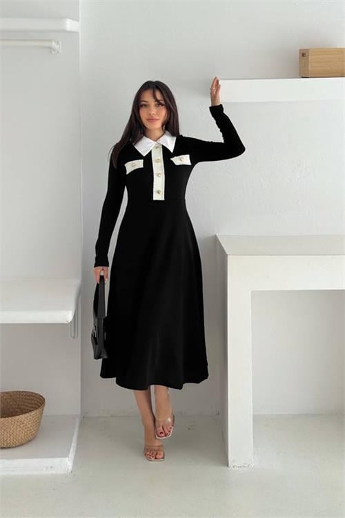 Dipmoda kadın gömlek yaka düğme detaylı uzun kollu elbise DPK4327