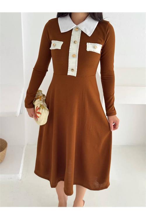 Dipmoda kadın gömlek yaka düğme detaylı uzun kollu elbise DPK4327