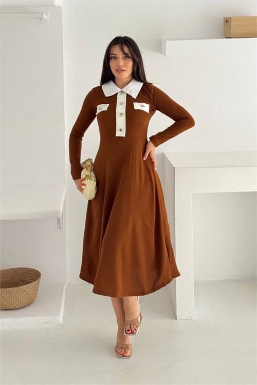 Dipmoda kadın gömlek yaka düğme detaylı uzun kollu elbise DPK4327