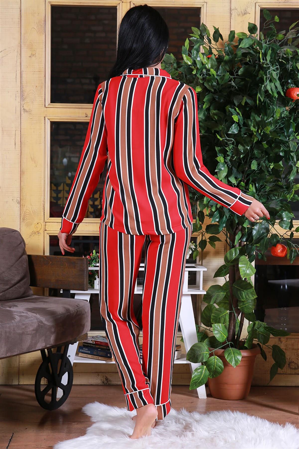 Dipmoda Kadın Gömlek Yaka Düğme Detaylı Biyeli Yeni Sezon Çizgili Pijama Takımı DP7249