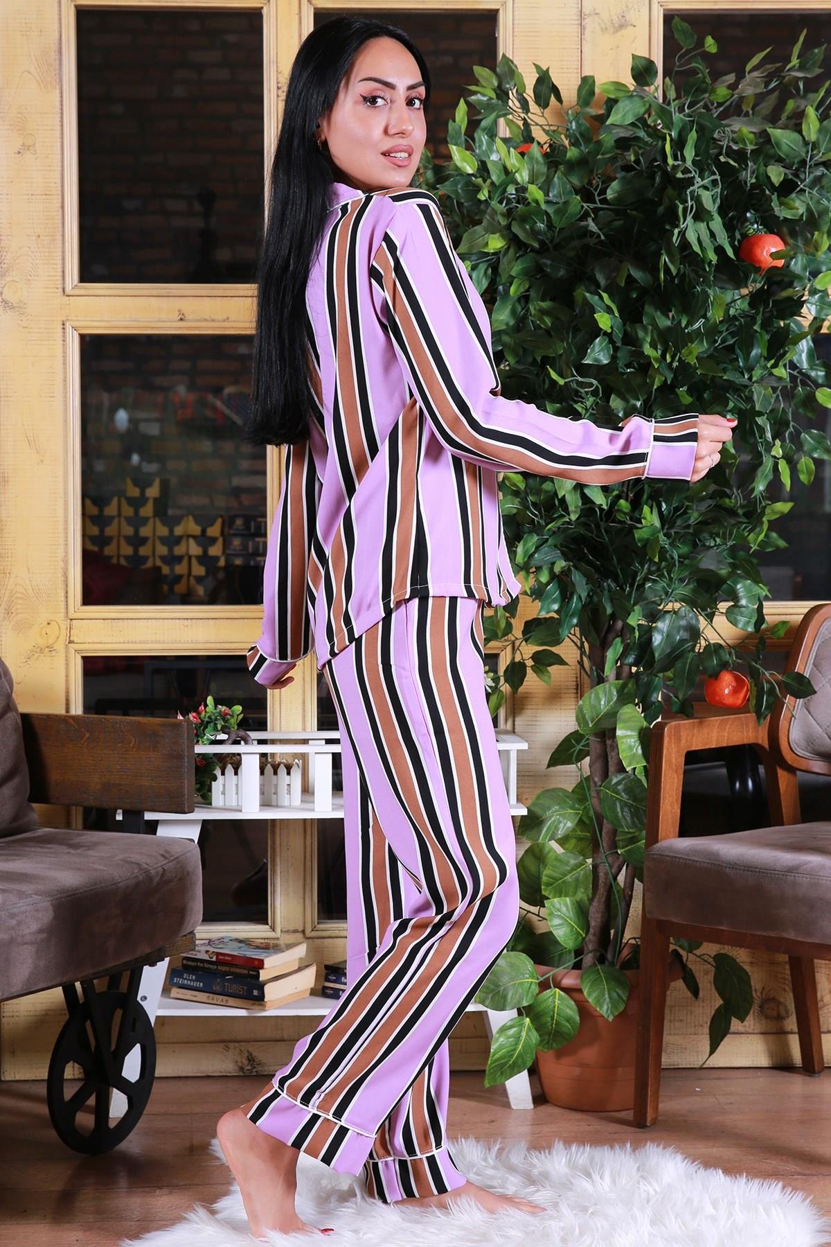 Dipmoda Kadın Gömlek Yaka Düğme Detaylı Biyeli Yeni Sezon Çizgili Pijama Takımı DP7249