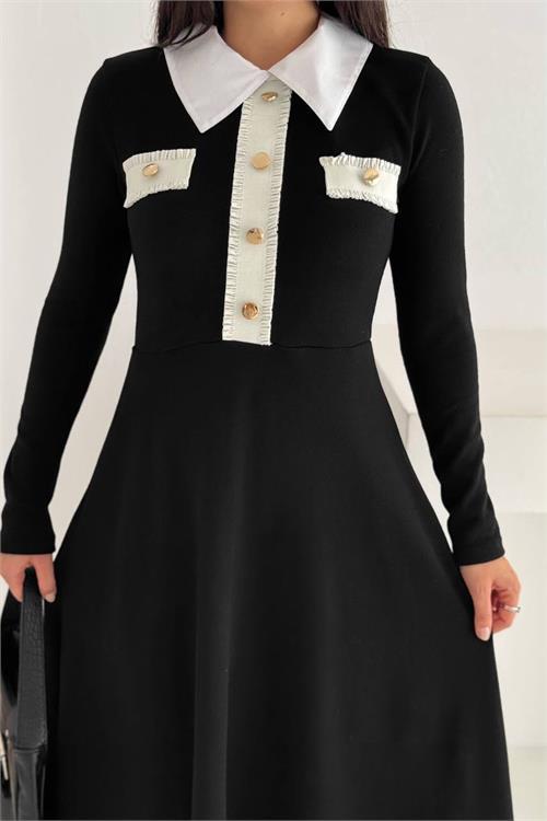 Dipmoda kadın gömlek yaka düğme detaylı uzun kollu elbise DPK4327