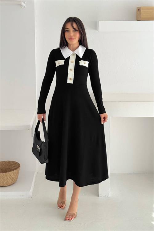 Dipmoda kadın gömlek yaka düğme detaylı uzun kollu elbise DPK4327