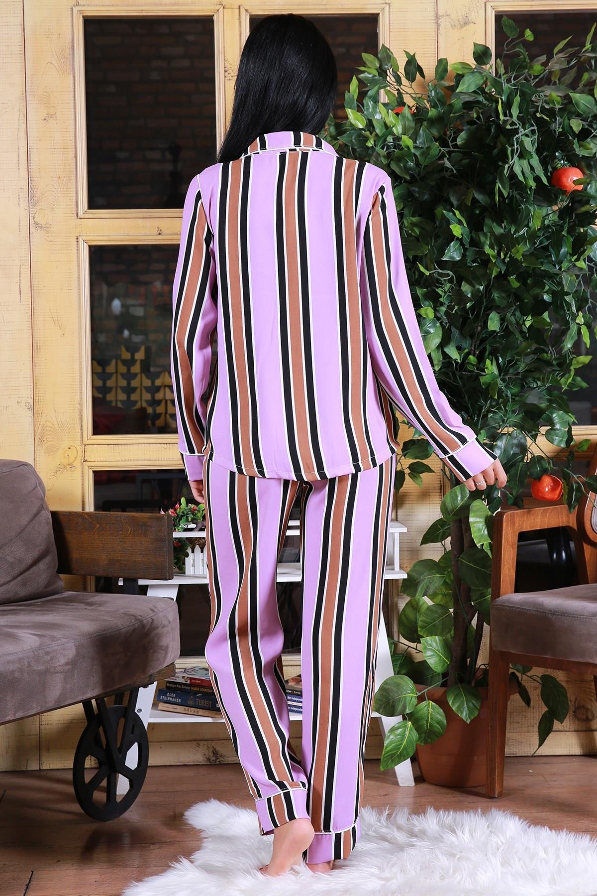 Dipmoda Kadın Gömlek Yaka Düğme Detaylı Biyeli Yeni Sezon Çizgili Pijama Takımı DP7249