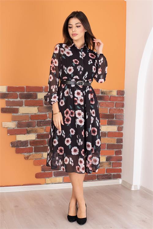Dipmoda kadın gömlek yaka kemerli çiçek desenli şifon elbise RY0031 