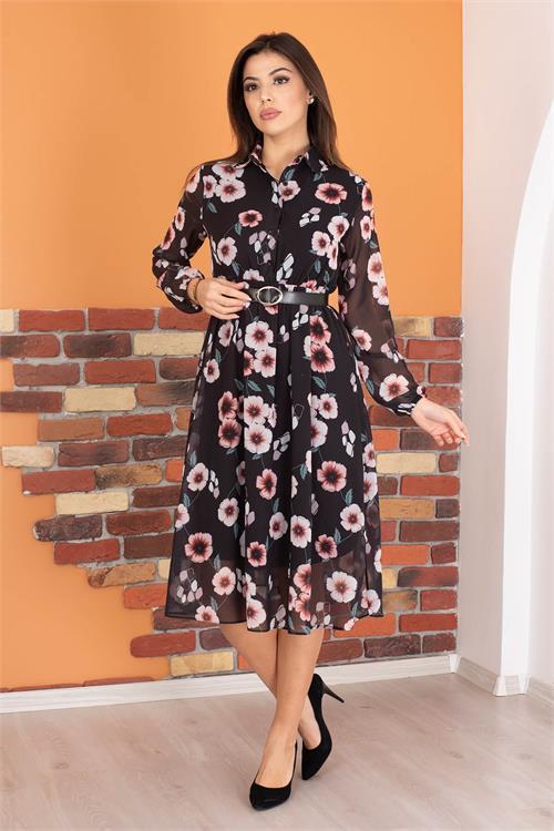 Dipmoda kadın gömlek yaka kemerli çiçek desenli şifon elbise RY0031 