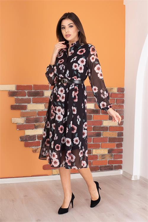 Dipmoda kadın gömlek yaka kemerli çiçek desenli şifon elbise RY0031 