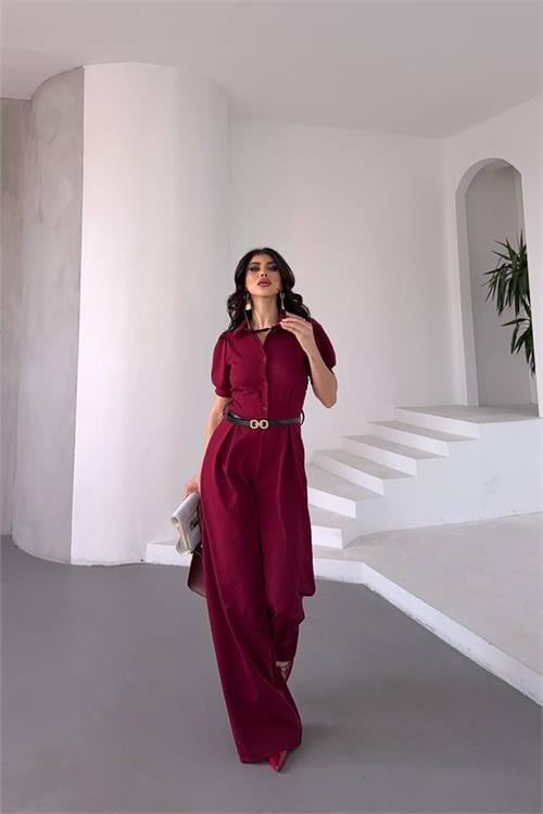 Dipmoda kadın gömlek yaka kemerli geniş paça tulum DPK4197