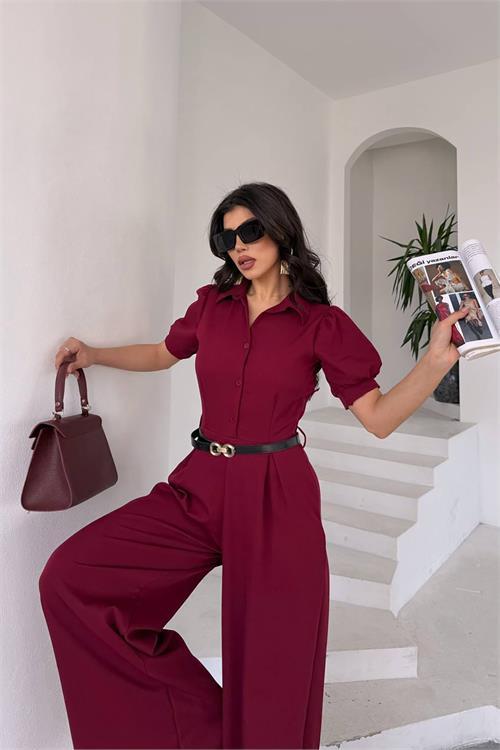 Dipmoda kadın gömlek yaka kemerli geniş paça tulum DPK4197