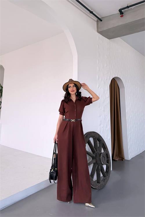 Dipmoda kadın gömlek yaka kemerli geniş paça tulum DPK4197