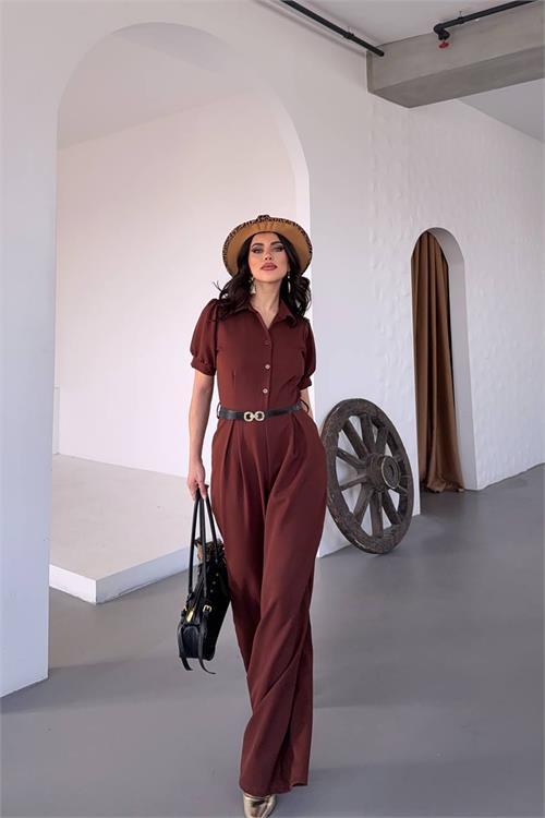 Dipmoda kadın gömlek yaka kemerli geniş paça tulum DPK4197