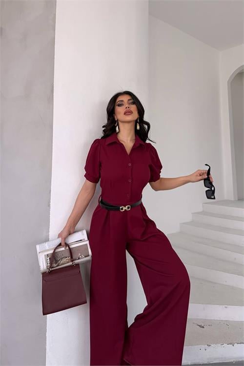 Dipmoda kadın gömlek yaka kemerli geniş paça tulum DPK4197