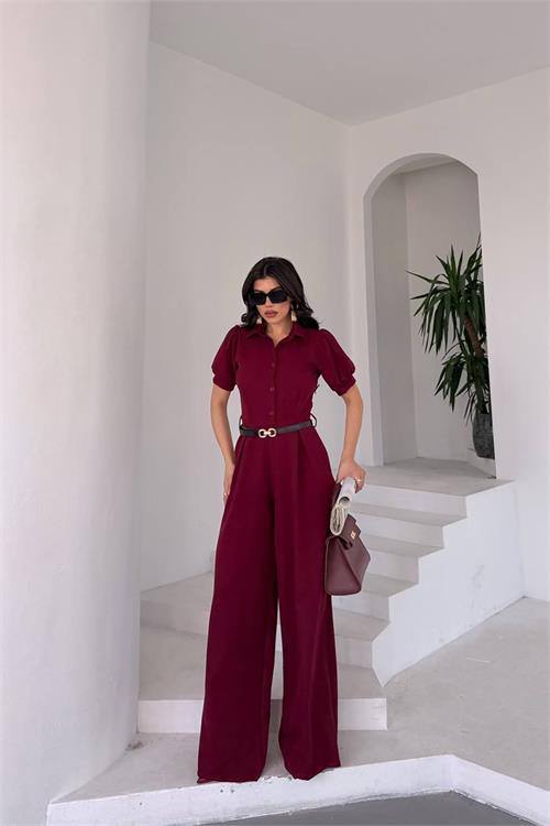 Dipmoda kadın gömlek yaka kemerli geniş paça tulum DPK4197