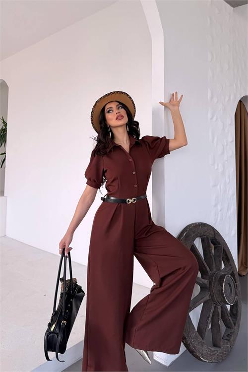 Dipmoda kadın gömlek yaka kemerli geniş paça tulum DPK4197