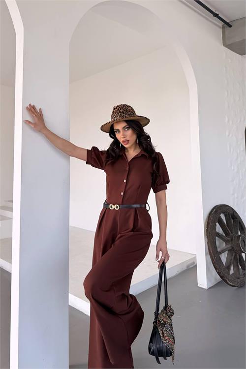 Dipmoda kadın gömlek yaka kemerli geniş paça tulum DPK4197