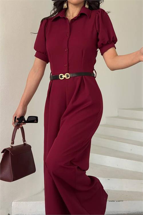 Dipmoda kadın gömlek yaka kemerli geniş paça tulum DPK4197