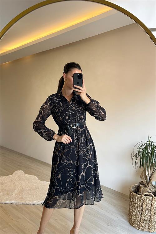 Dipmoda kadın gömlek yaka mermer desen kemerli şifon elbise NM023