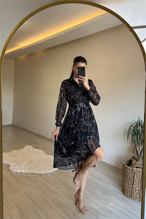 Dipmoda kadın gömlek yaka mermer desen kemerli şifon elbise NM023