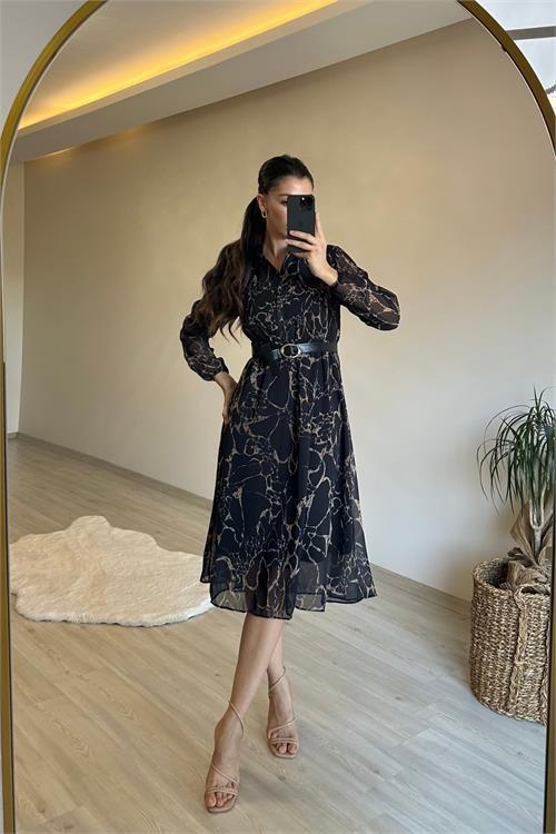 Dipmoda kadın gömlek yaka mermer desen kemerli şifon elbise NM023