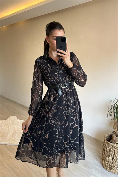 Dipmoda kadın gömlek yaka mermer desen kemerli şifon elbise NM023