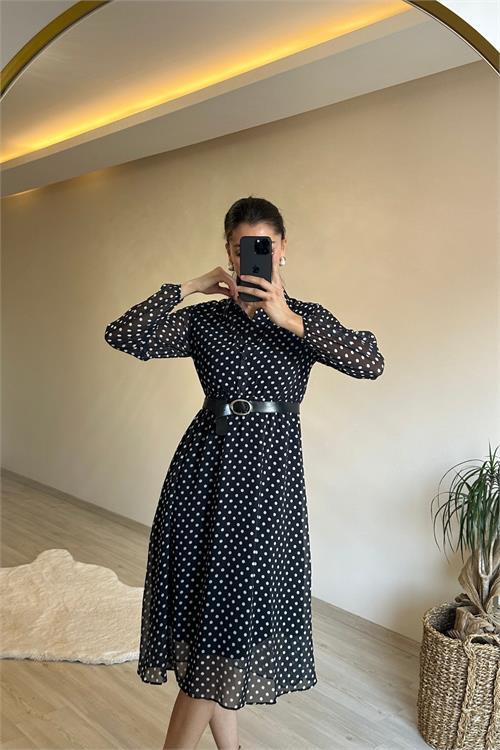 Dipmoda kadın gömlek yaka puantiye desenli şifon elbise NM019