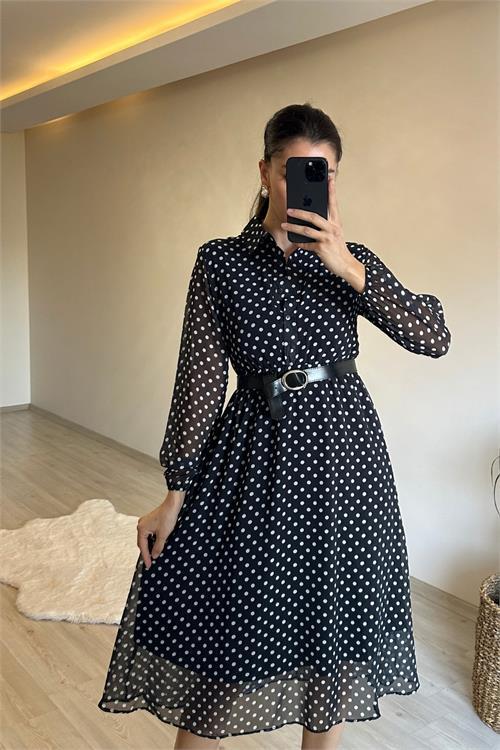 Dipmoda kadın gömlek yaka puantiye desenli şifon elbise NM019