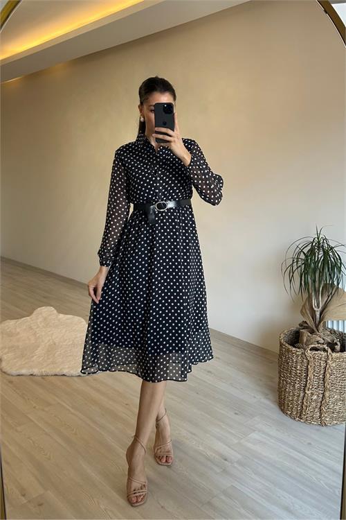 Dipmoda kadın gömlek yaka puantiye desenli şifon elbise NM019