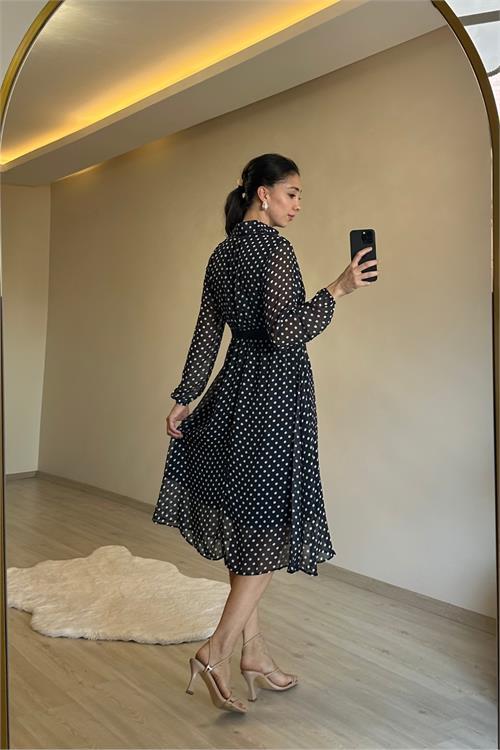 Dipmoda kadın gömlek yaka puantiye desenli şifon elbise NM019