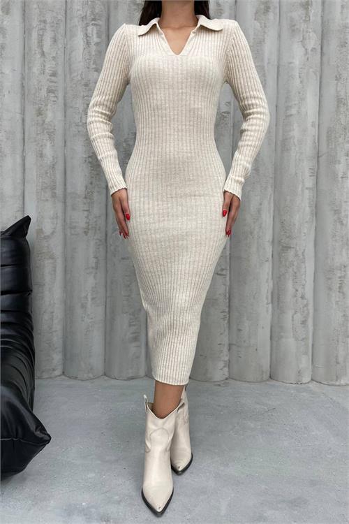 Dipmoda kadın gömlek yaka triko elbise NBDM2007 