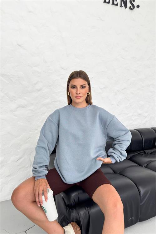 Dipmoda kadın gri bisiklet yaka pamuklu sweat NBG031 