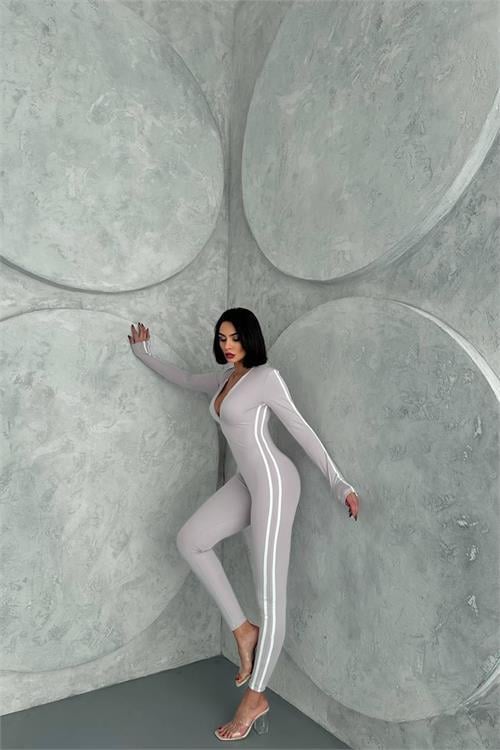 Dipmoda kadın gri çizgi detaylı yüksek bel tulum NBDF098