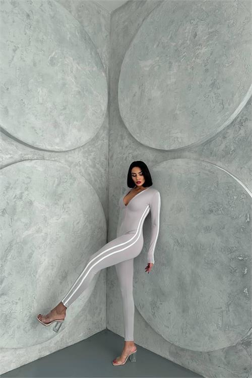 Dipmoda kadın gri çizgi detaylı yüksek bel tulum NBDF098