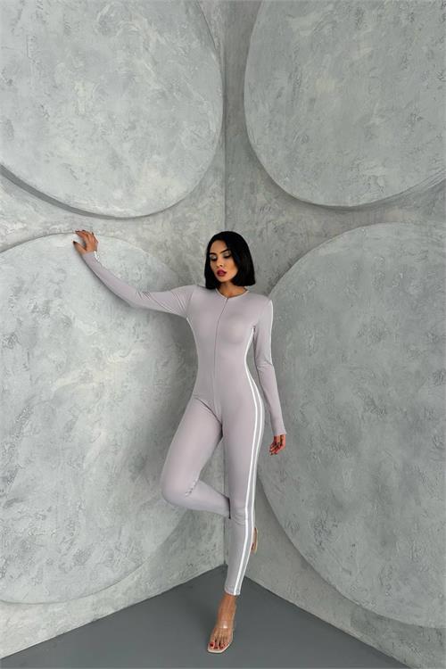 Dipmoda kadın gri çizgi detaylı yüksek bel tulum NBDF098