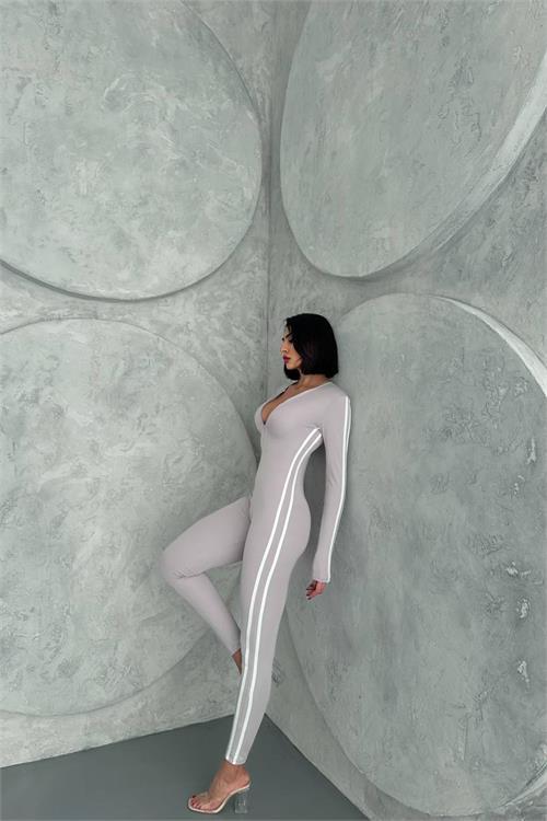 Dipmoda kadın gri çizgi detaylı yüksek bel tulum NBDF098