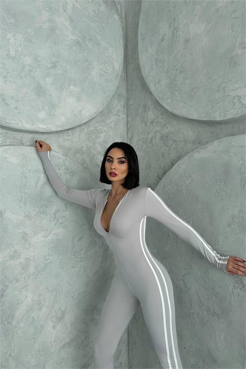 Dipmoda kadın gri çizgi detaylı yüksek bel tulum NBDF098