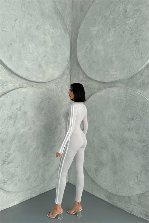 Dipmoda kadın gri çizgi detaylı yüksek bel tulum NBDF098