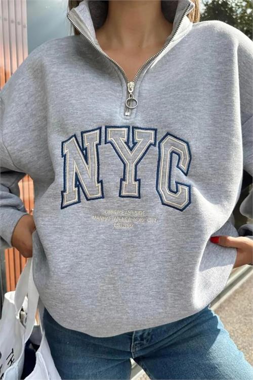 Dipmoda kadın gri içi polar nakışlı sweat DPNBG033