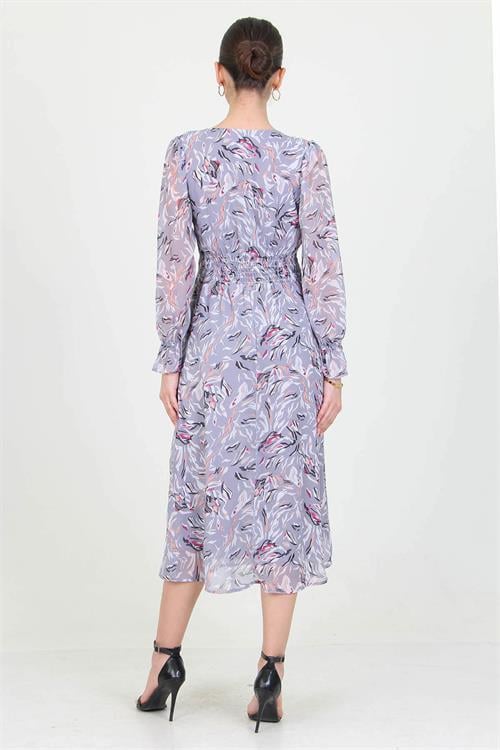 Dipmoda kadın gri kalp yaka yeni sezon desenli şifon elbise RY0030 