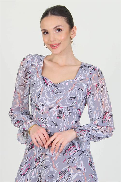 Dipmoda kadın gri kalp yaka yeni sezon desenli şifon elbise RY0030 
